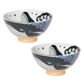Minoru Touki White Wave Whale Blue Ceramic Rice Bowl Small Set of 2 φ4.4×H2.4in 11.29oz