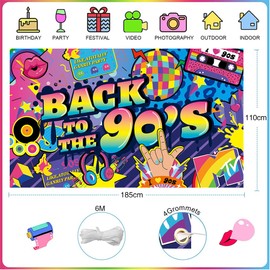 Favengo Back to the 90s Banner 90s Decoration Party Decoration 90s Retro Indoor Home Decoration 90s Party Banner, 1990s Birthday Party 185 x 110 cm Colourful 90s Party Wall Poster Decoration