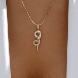 Allereya Vintage Crystal Snake Pendant Necklace Punk Snake Necklace Rhinestone Snake Choker Necklace Gold Box Chain Necklace Jewellery for Women and Girls, Zinc, No Gemstone
