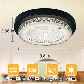 Black Flush Mount Ceiling Light Bathroom Ceiling Light LED Foyer Lighting Fixtures Crystal Ceiling Light Fixture Bedroom Lights for Ceiling Dimmable Ceiling Light for Hallway Cloakroom Bathroom