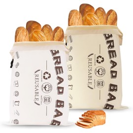 2Pack Reusable Bread Bags for Homemade Bread with Seal Buckle, Sourdough Storage Bag with TPU Lining, Country Kitchen Farmhouse Style (White+Beige)