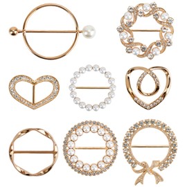 FHUIEWRY 8PCS Pearl Rhinestone Scarf Ring Clips, Glitter T-shirt Ties Clips Elegant Scarves Waist Buckles, Clothes Corner Knotted Button for Women Decorative Accessories(Gold))
