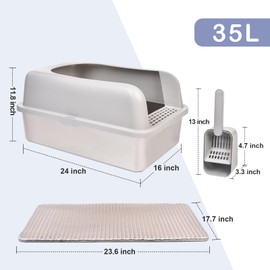 Henkelion Stainless Steel Cat Litter Box with Lid, 24" L x 16" W x 11.8" H, Extra Large Litter Box for Big Cats with High Sided, Anti-Urine Leakage, Easy Cleaning, Include Cat Mat and Scoop