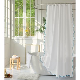 youngseahome White Fabric with Aqua Scalloped Border Shower Curtain,Boho Chic Cloth Shower Curtain for Bathroom Showers,72 x 72 Inches