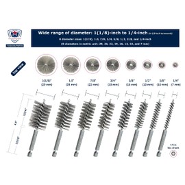 Stainless-Steel Bore Brush [8-Size Set] Wire Brush for Power Drill, Metal Cleaning Brushes, 1(1/8) to 1/4-inch Diameter in 1/8-in increments (or 29, 26, 22, 19, 16, 13, 10, 7 mm), (1/4-in Hex Shaft)