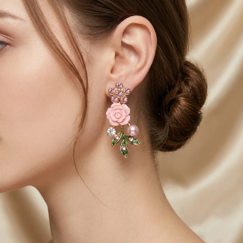 Aretes Plata 925 Oro 14k Rosa Flor Perla Zirconia Mujer