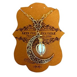Silver Crescent Moon with Glow In The Dark Caged Essence Steampunk Cosplay Costume Pendant Necklace
