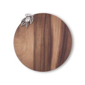 Vagabond House Olive Acacia Wood Cheese / Bar Board with Pewter Tuscan Olive Accent 10 inch Diameter .75 inch Tall