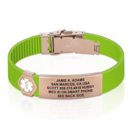 Divoti Custom Dual-Sided Engraved Silicone Medical Alert ID Wristband w/Security Clasp & Trim-to-Fit Lime Range Silicone Band w/Security Clasp - 14MM PVD Rose Gold/White