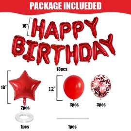 Happy Birthday Balloons Banner Red, 16 Inch Mylar Foil Letters Balloons, Happy Birthday Foil Balloons Set with Red Confetti Balloons Star Foil Balloons for Birthday Decorations Party Supplies