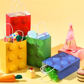 Sabary Sabary 12 Pieces Building Block Party Favor Gift Bags, Bricks Candy Treat Paper Bags, Gift Goodie Bags with Handle for Building Block Themed Birthday Party Baby Shower Decoration Supplies