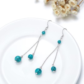 Long Turquoise Bead Dangle Earrings for Women 925 Sterling Silver Simulated Round Gemstone Dangling Drop Jewelry