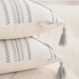 Boho Throw Pillow Covers 18x18 Set of 2 Cotton Woven Tufted Farmhouse Pillows Covers with Tassels Outdoor Neutral Gray Decorative Pillowcases Square Textured Accent Cushion Cases for Couch Bed Sofa
