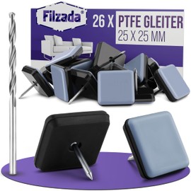 Filzada 26 x Teflon Gliders Nail / Furniture Gliders with Nail 25 x 25 mm - Includes Drill - Made of High-Quality PTFE - Gliders for Chairs - Floor Protectors for Chairs - Chair Gliders Tiles