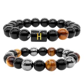 ZZ ZINFANDEL Initial Letter Black Obsidian Beaded Bracelets for Men, Mens Triple Protection Bracelet,10mm Natural Black Onyx Tiger Eye Stone Beads Bracelets (H)