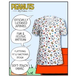COCO BRANDS Womens Scrub Tops - Peanuts Snoopy Short Sleeve V-Neck Medical Uniform Scrubs for Women (Sizes: S-XXL), Size Large, Snoopy & Woodstock Stars & Floats Patriotic
