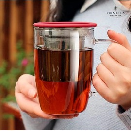 Prime Tea - Glass Teacup with Tea Infuser, 16oz / 470 ml, Hand Blown, Single Wall, Heat Resistance Borosilicate Glass Teacups for Blooming & Loose Leaf Tea, Microwave & Dishwasher Safe (Red)
