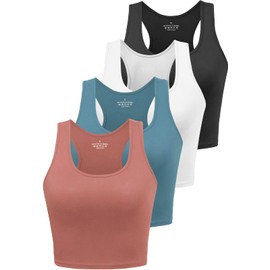 Joviren Cotton 4-Pack Crop Tank Tops for Women - Racerback Yoga, Athletic, Sports, Exercise Undershirts (Black/White/Blue/Red, XL)