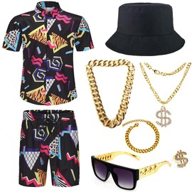 Gionforsy 80s 90s Hip Hop Outfit Accessories Set for Men Rapper Rocker Accessories Bucket Hat Sunglasses Gold Chain Bracelet (Black, X-Large)