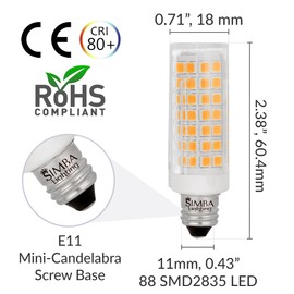 Simba Lighting LED E11 T6 Mini-Candelabra JD Light Bulb 5W 40W to 50W Halogen Replacement (4 Pack) 88SMD2835 Corn JDE11 120V for Chandeliers, Sconce, Cabinet Lighting, Soft White 3000K, Dimmable