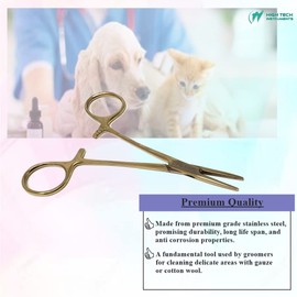 Pet Groomer Dog/Cat Hemostat Forceps 5" Hair Puller with STR Serrated Tips Ear Care Multipurpose Ratchet Locking Clamps Made of Stainless Steel Helps in Cleaning Nose, Paws, Furs - Full Gold