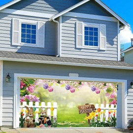 Easter Garage Door Decorations 7x16ft Spring Happy Easter Backdrop Bunny Eggs Garage Door Cover Spring Flower Garage Door Banner Outdoor Large Garage Door Decor