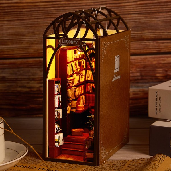 DIY Book Nook Kit, 3D Wooden Puzzle DIY Dollhouse Booknook Miniature Kit Book Decor Insert Decorative Bookend Model Build-Creativity Kit with LED Light