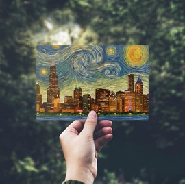 Chicago, Illinois, Starry Night City Series (4x6 Birch Wood Postcards, 2-Pack Stationary, Rustic Home Wall Decor)