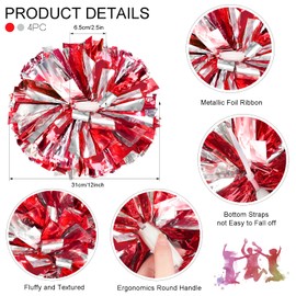 HOLENGS 4Pcs Upgraded 12inch Metallic Cheerleading Pom Poms, Cheerleader Pompoms Cheer Poms for Kids Adults, Cheering Squad Pompoms for School Sports Games Dance Party (Red and Silver)