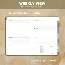 2025-2026 Weekly & Monthly Linen Cover Planner, July 2025 - June 2026 To Do List Notebook Academic Year Calendar with Colorful Monthly Tab, Pocket, Pen Loop