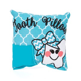 Bunnies and Bows Tooth Fairy Pillow with Tooth Fairy Dust and Poem - Tooth with Bow on Quatrefoil Print (Blue)