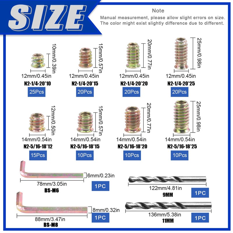 Glarks 134Pcs 1/4"-20 5/16"-18 Furniture Screw in Nut Threaded Inserts