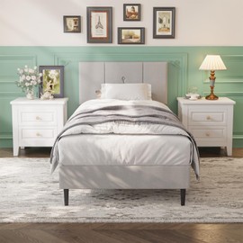 IOILORI Twin Bed Frame, Fabric Upholstered Platform Bed Frame with Headboard, Sturdy Wooden Slats, No Spring Box, No Noise, Easy to Assemble, Light Grey