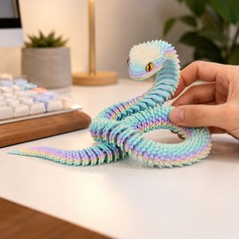 3D Printed Snake Statue for Desk Ornament - Movable Joints Fidget Toy with Realistic Scales in Random Gradient Colors for Home or Office