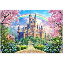 Luminora 7x5ft Pink Floral Castle Backdrop Princess Fairy Tale Sakura Rainbow Background Spring Forest Birthday Wedding Wonderland Party Decoration Photo Banner
