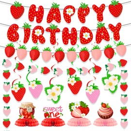 JOINCCI Berry First Birthday Decor,Strawberry Shortcake 1st Birthday Decorations for Girls with Strawberry Banner,Hanging Swirl,Honeycomb Centerpiece,Strawberry Party Supplies