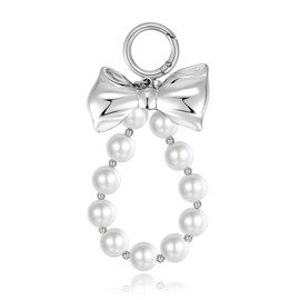 WOWORAMA Pearl Bow Keychain Wristlet Straps Silver Bow Bag Charm Keyring Simulated Pearl Purse Charms Silver Key Chain for Handbag Key Wallet