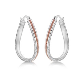 Tuscany Silver Women's Sterling Silver Rhodium Plated Diamond Cut Rose Stardust Twisted Oval Creole Earrings