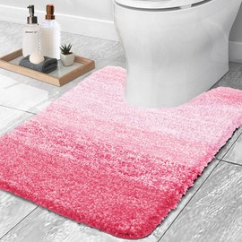 OLANLY Luxury Microfiber Toilet Mat U-Shaped, Extra Soft and Absorbent Bath Mat, Non-Slip Plush Shaggy Bathroom Rug, Machine Wash Dry, Contour Toilet Rugs for Toilet Base, 20x24, Pink