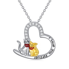 Cat Necklace for Women 925 Sterling Silver Zircons I Love You Pendant Necklace Lovely Double Cat Jewelry Gifts for Women Friend Lover