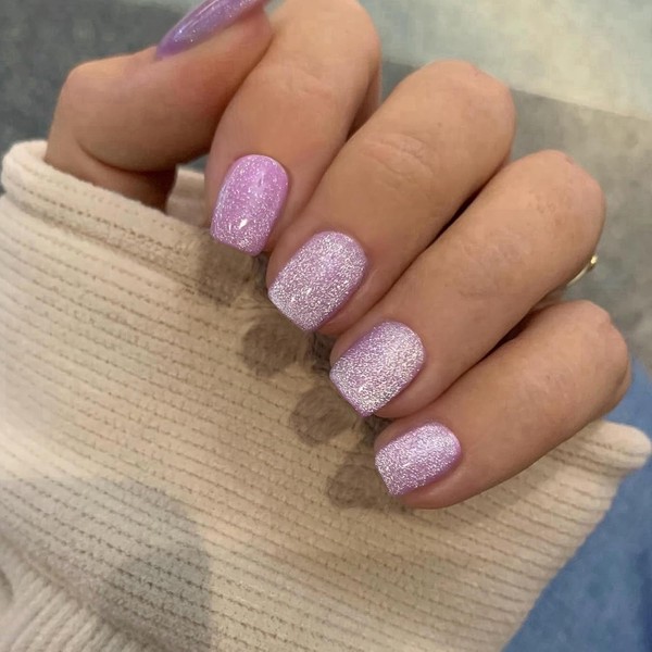 KQueenest Lilac Press on Nails Cat Eye, Glitter Press on