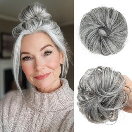 CJL HAIR 2PCs Small Cute Messy Bun Hair Piece for Thin Hair Women Girl Mini Synthetic Curly Bun Scrunchies Updo Hairpieces for Kids Dark Grey