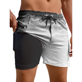 APTRO 2 in 1 Men's Swim Trunks 5" Quick Dry Swim Shorts Bathing Suit Swim Trunks with Zipper Pockets W07 Black L