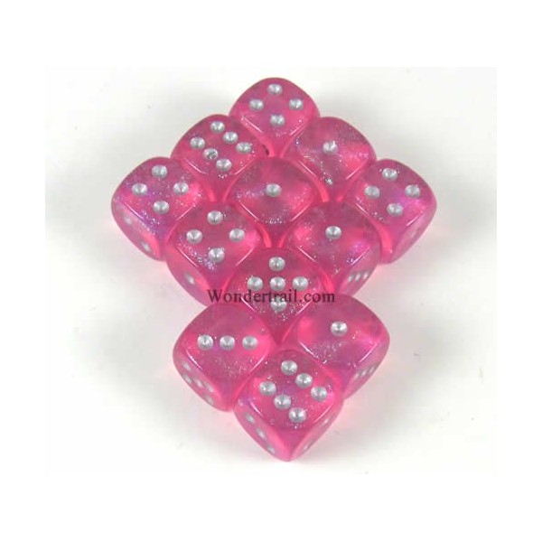 Pink Borealis with Silver Pips 12mm D6 Dice Set of 12 Wondertrail WCX27804E12