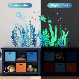 5 Sheets 3D Under The Sea Seaweed Wall Decals Sea Turtles Wall Stickers Ocean Grass Jellyfish Fish Removable Vinyl Wall Sticker for Kids Baby Bedroom Bathroom Living Room Wall (Green Glow Style)