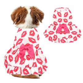 Dog Dress M, Cute White Pet Dress with Red Lip and Pink Bow, Stylish Pet Outfit for 8-9 lbs Dogs and Cats, Romantic Holiday Clothing