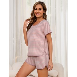 Namatime Cotton Pajama Sets for Women 2 Piece Lounge Set Stripe Pj Set Loungewear Short Sleeve Top and Shorts with Pockets Summer Sleepwear 2025 Pink Wide Stripe X-Large