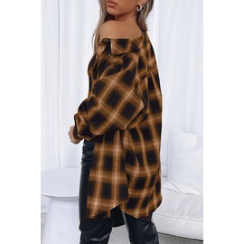 CHYRII Womens Button Down Flannel Shirts Long Sleeve Plaid Shacket Business Casual Tops Brown XL