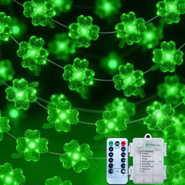 NewKoor St Patricks Day Decorations Lights - Green String Lights Battery Operated 13FT 40 LED Shamrocks Handmade String Lights with Remote Control for St. Patrick's Day