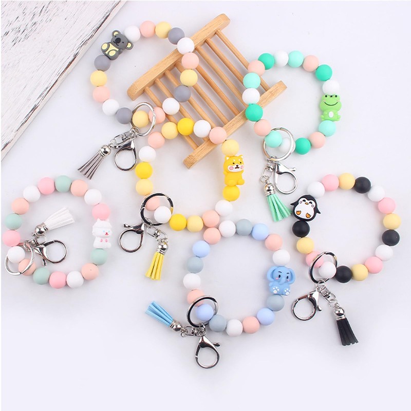 Animals Beaded Silicone Bracelet Wristlet Keychain, Cat Dog Elephant Lamb